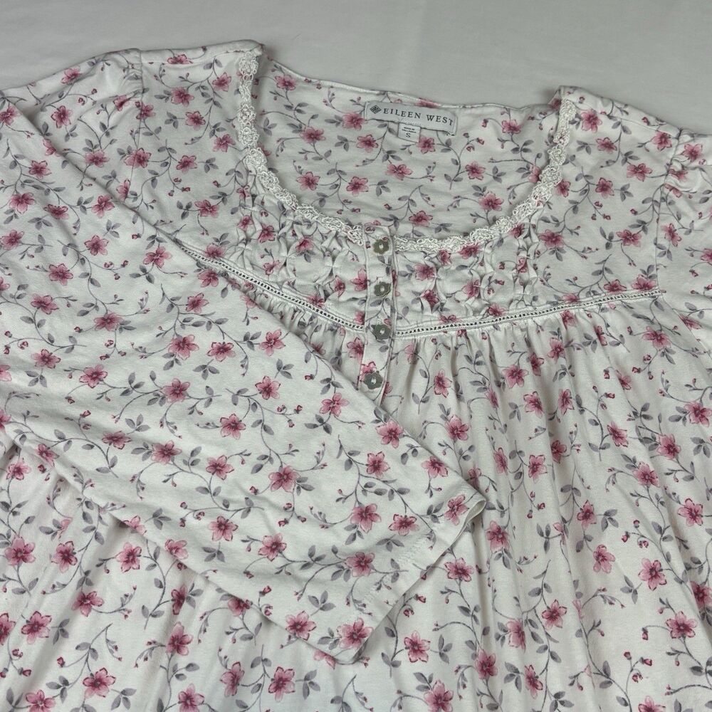 Eileen West Floral 100% Cotton Knit White/Pink Long Sleeve Ruffled Chemise‎ - S - Picture 4 of 8